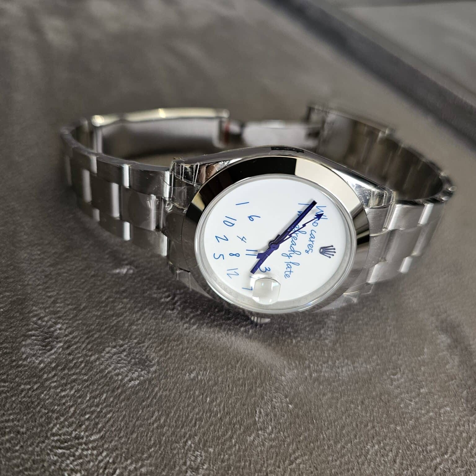 Home / Rolex / Unique Rolex Datejust 116300 41mm Custom “Who Cares I am already Late” Unique Rolex Datejust 116300 41mm Custom Super master premium 1:1