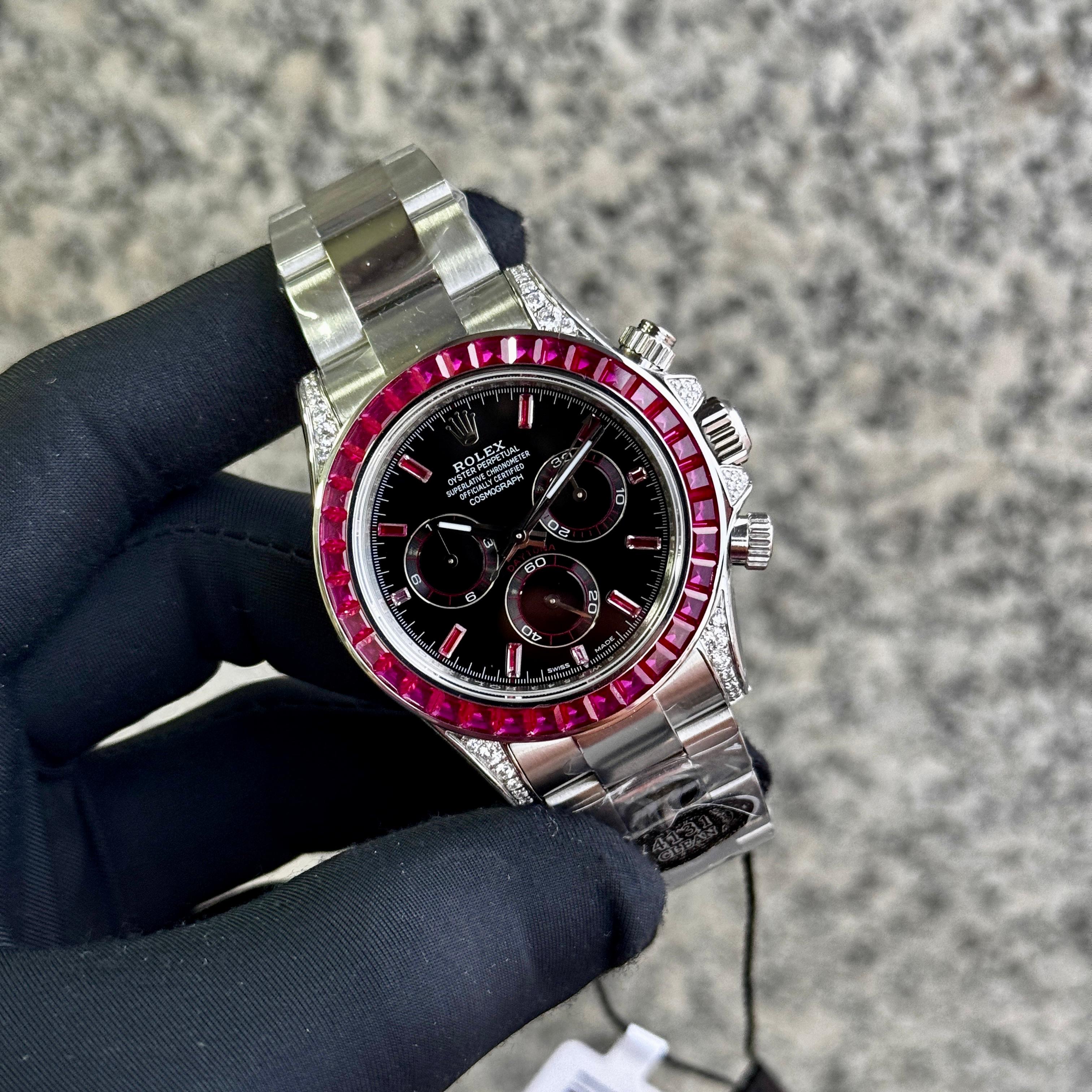 Rolex Daytona Cosmograph Daytona White gold Custom Diamond Lugs and Ruby Bezel